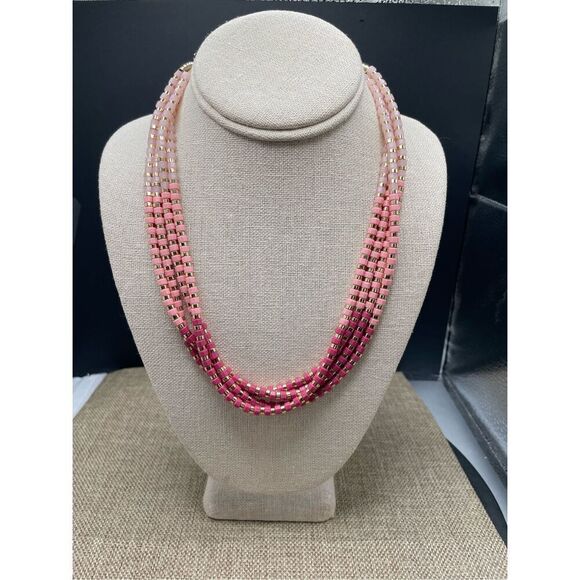 New Talbots Sunny Layered 4 Strand Beaded Pink and Gold Necklace Signed - Picture 1 of 8